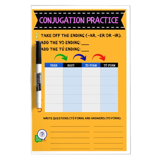 Spanish Verb Conjugation Practice Dry Erase Board (Front)