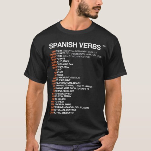 Spanish Verbs 101 Spanish Language Cheatsheet T_Shirt