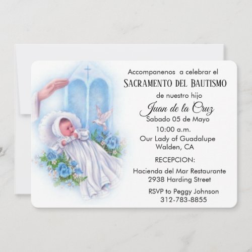 Spanish Vintage Baby Catholic Floral Scripture Invitation