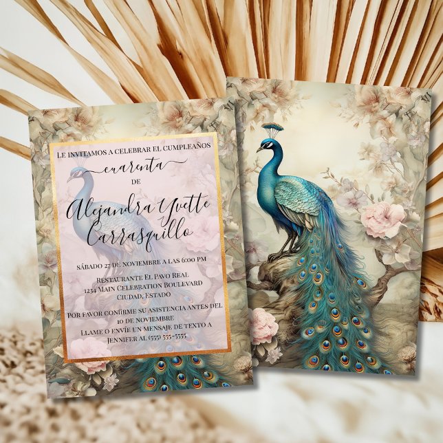 Spanish Vintage Peacock Elegant 40th Birthday Invitation (Creator Uploaded)