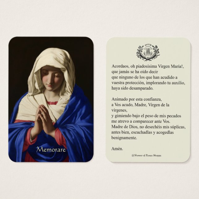 Spanish Virgin Mary Prayer Memorare Holy Card (Front & Back)
