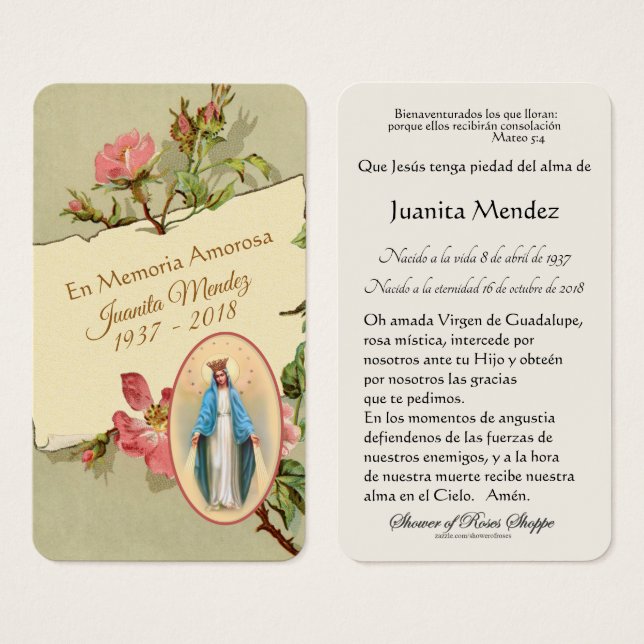 Spanish Virgin Mary Religious Prayer Card (Front & Back)