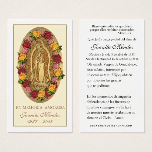 Spanish Virgin Mary Roses Funeral Prayer Card