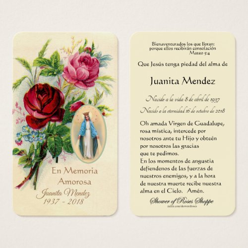Spanish Virgin Mary Roses Religious Prayer Card