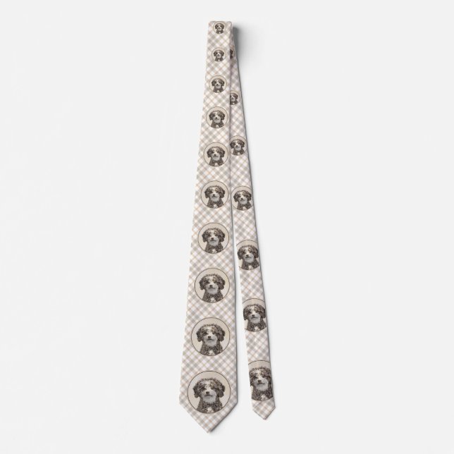 Spanish Water Dog Painting - Cute Original Dog Art Neck Tie (Front)