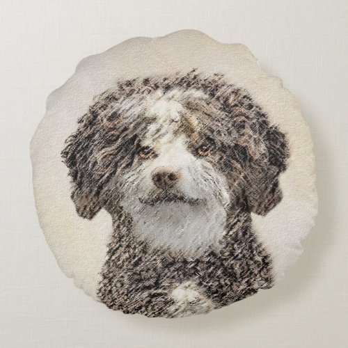 Spanish Water Dog Painting _ Cute Original Dog Art Round Pillow
