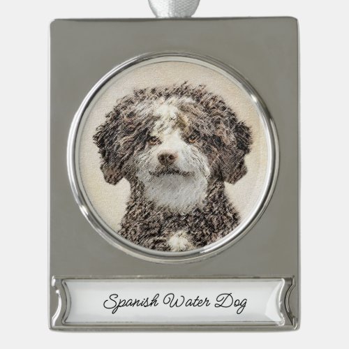 Spanish Water Dog Painting _ Cute Original Dog Art Silver Plated Banner Ornament