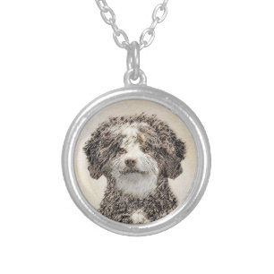 Spanish Water Dog Painting - Cute Original Dog Art Silver Plated Necklace