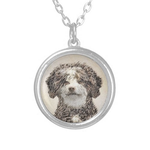 Spanish Water Dog Painting _ Cute Original Dog Art Silver Plated Necklace
