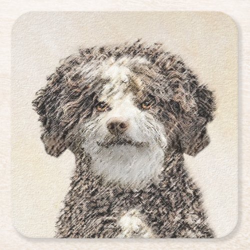 Spanish Water Dog Painting _ Cute Original Dog Art Square Paper Coaster