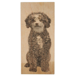 Spanish Water Dog Painting - Cute Original Dog Art Wood Flash Drive