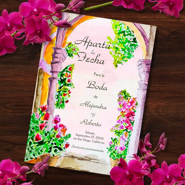 Spanish, Watercolor Old Town Wedding Save the Date Invitation (Creator Uploaded)