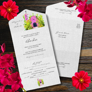 Spanish, Watercolor Pink Chapel Mexican Wedding All In One Invitation