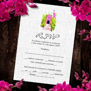 Spanish, Watercolor Pink Chapel Wedding RSVP Card