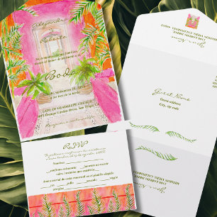 Spanish, Watercolor Tropical Pink Coral Wedding All In One Invitation