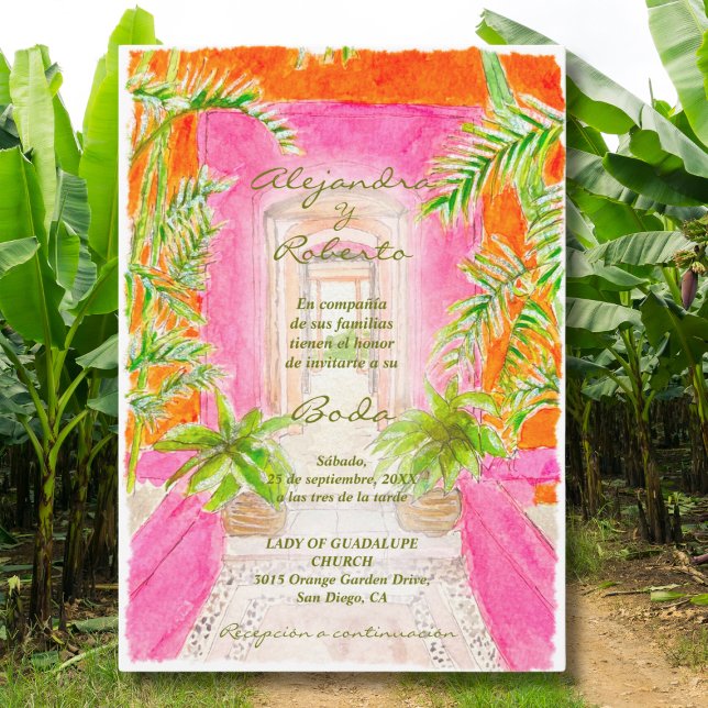 Spanish, Watercolor Tropical Pink Mexican Wedding Invitation (Creator Uploaded)