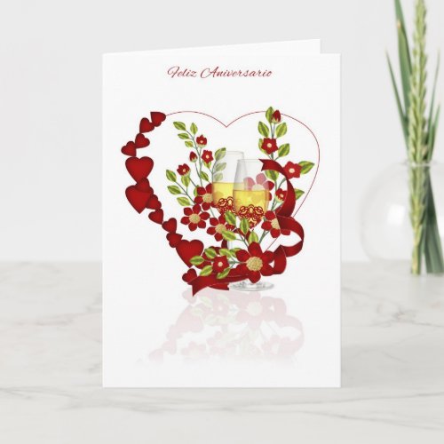 Spanish Wedding Anniversary With Champagne Flowers Card