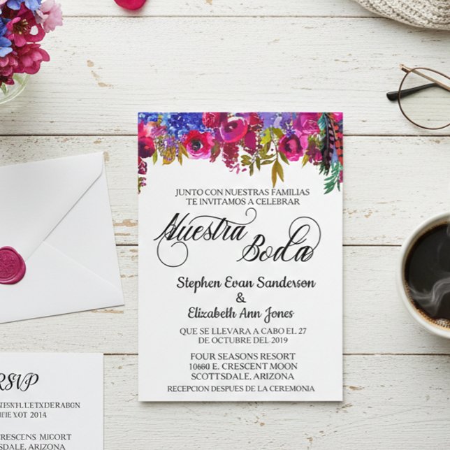 Spanish Wedding Bold Boho Flower Nuestra Boda Invitation (Creator Uploaded)