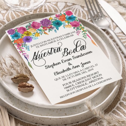 Spanish Wedding Bright Fiesta Flower Nuestra Boda  Invitation