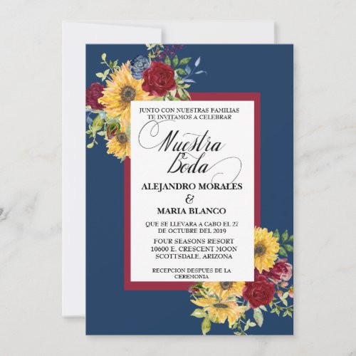 Spanish Wedding Burgundy Sunflower Nuestra Boda Invitation