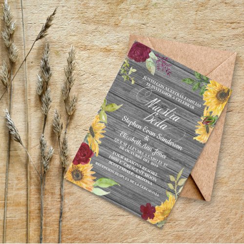 Spanish Wedding Burgundy Sunflower Nuestra Boda Invitation