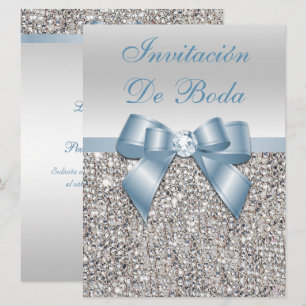 Spanish Wedding Faux Silver Sequin Dusty Blue Bow  Invitation