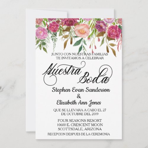 Spanish Wedding Flower Fuschia Pink Nuestra Boda Invitation