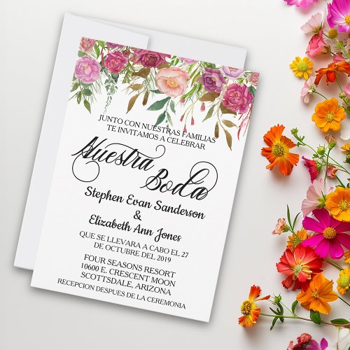 Spanish Wedding Flower Fuschia Pink Nuestra Boda Invitation