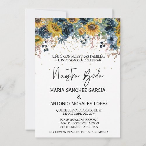 Spanish Wedding Nuestra Boda Blue Sunflower  Invitation