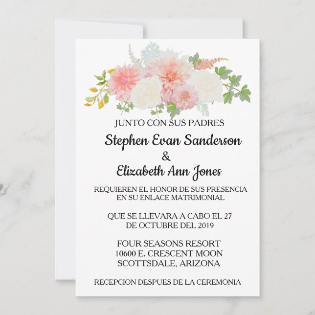 Spanish Wedding Rose Blush Pink Ivory Watercolor Invitation (Front)