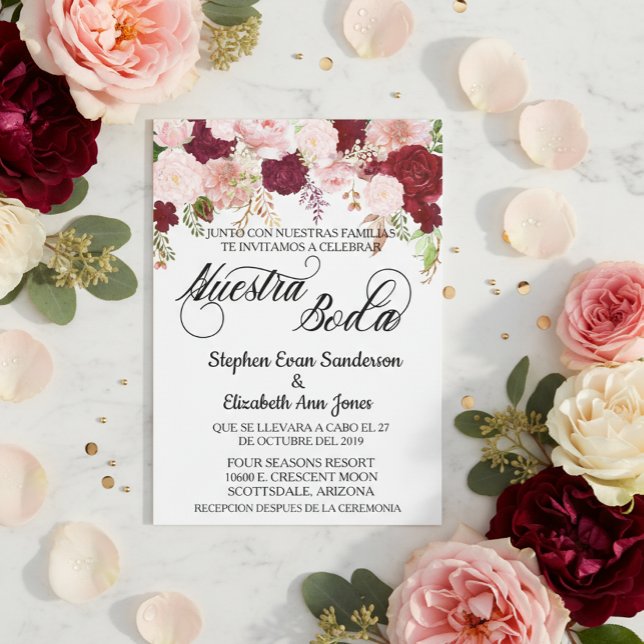 Spanish Wedding Rose Burgundy Pink Nuestra Boda Invitation (Creator Uploaded)