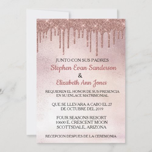 Spanish Wedding Rose Gold Glitter Drips Invitation