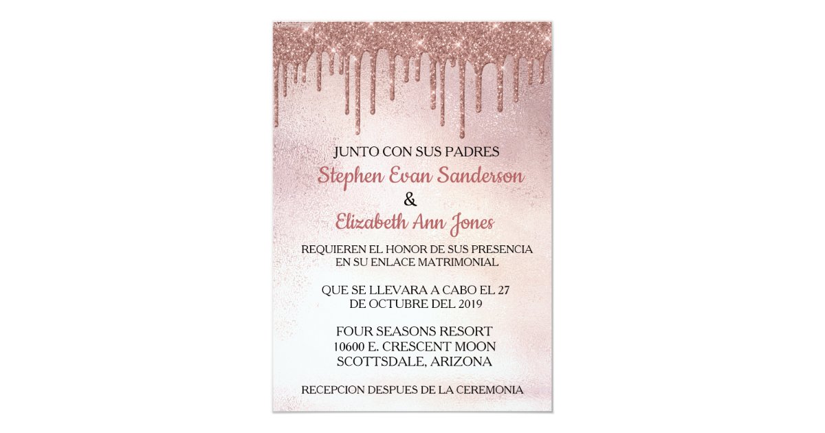 Spanish Wedding Rose Gold Glitter Drips Invitation