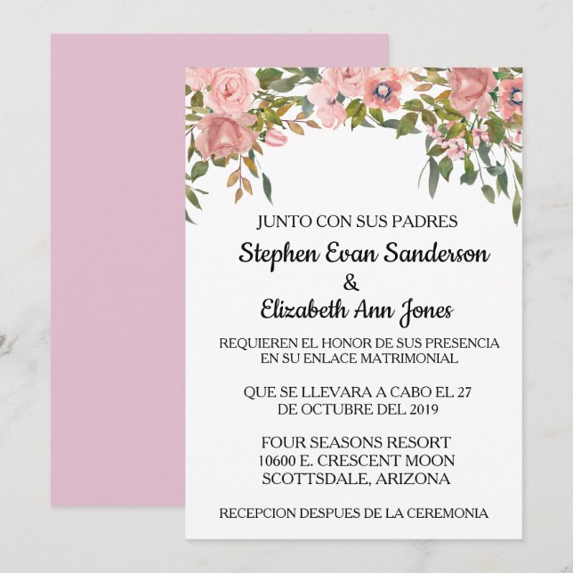 Spanish Wedding Rose Pink Rosa Blush Watercolor Invitation (Front/Back)