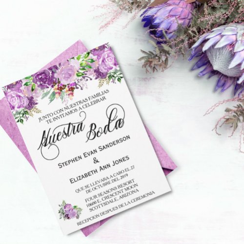 Spanish Wedding Rose Purple Lavender Nuestra Boda Invitation