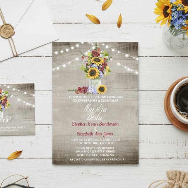 Spanish Wedding Sunflower Burgundy Nuestra Boda Invitation (Creator Uploaded)
