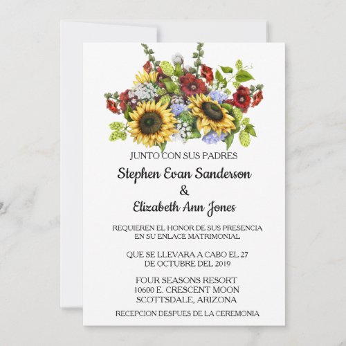 Spanish Wedding Sunflower Burgundy Rustic Invitation