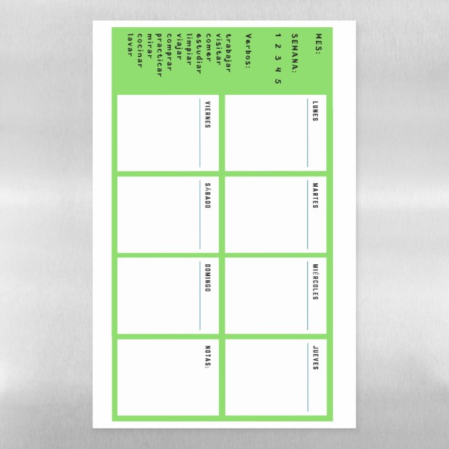 Spanish Weekly Planner with Common Verbs Magnetic Dry Erase Sheet (Vertical)