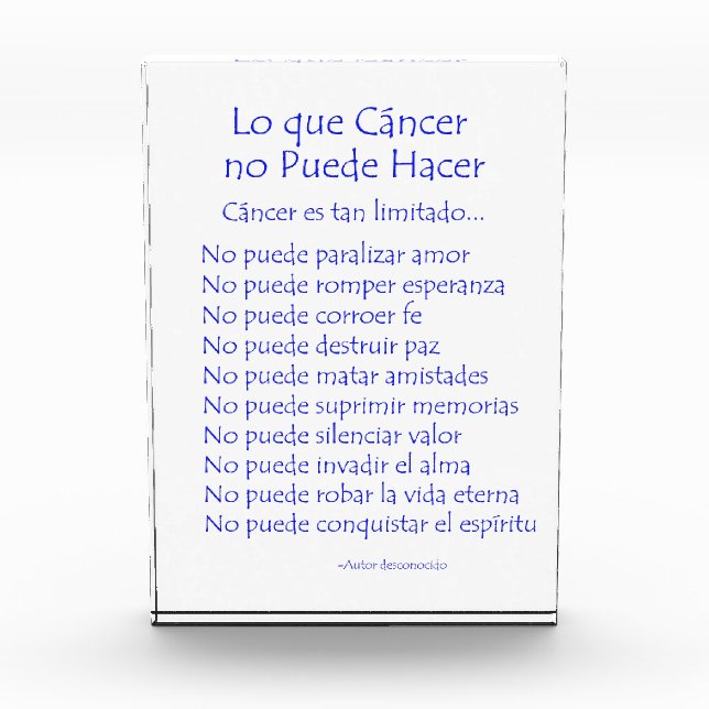 Spanish What Cancer Cannot Do Custom Paperweight Award (Front)