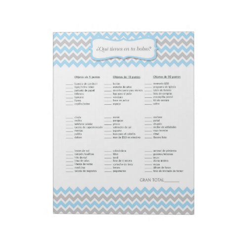SPANISH Whats in your purse Boy Baby Shower Game Notepad