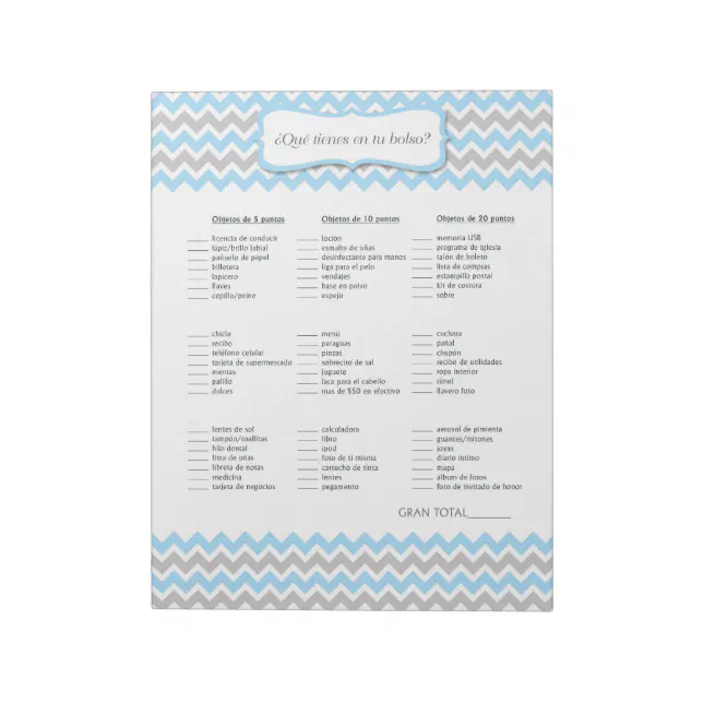 SPANISH What's in your purse Boy Baby Shower Game Notepad Zazzle