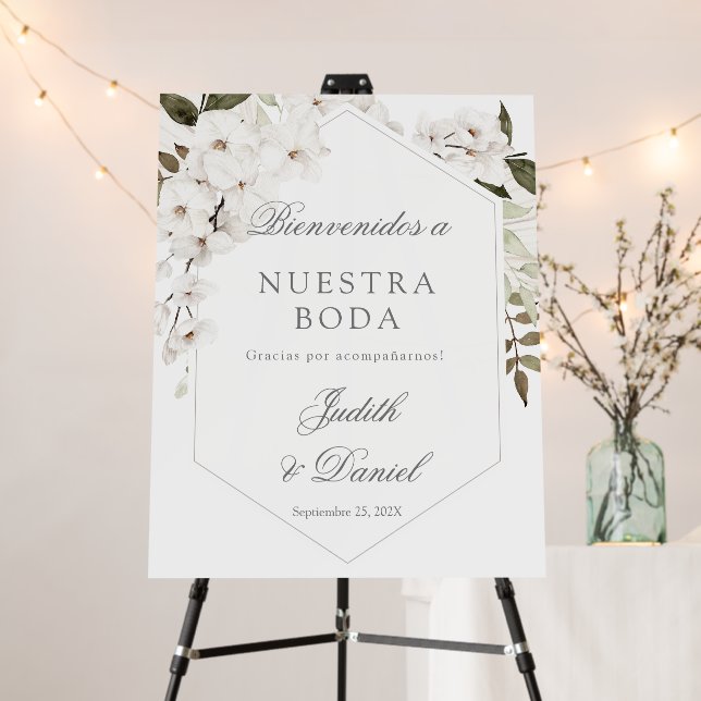 Spanish white boho Wedding Welcome sign (In Situ (Stand))