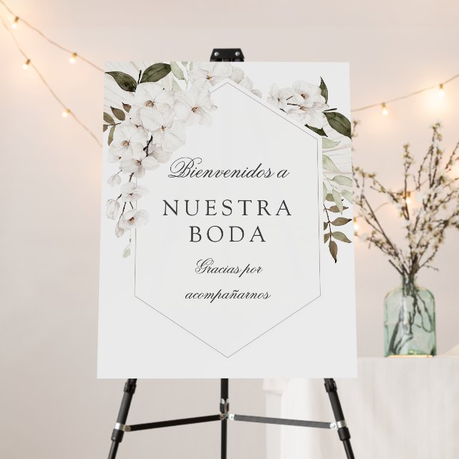 Spanish white boho Wedding Welcome sign (In Situ (Stand))
