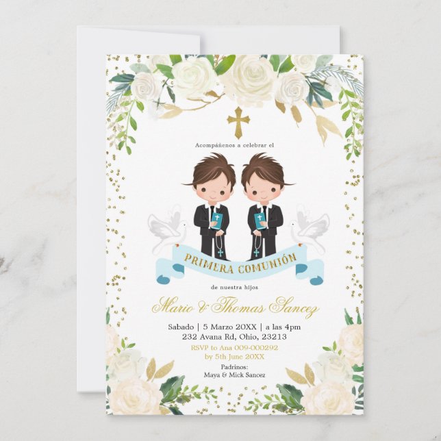 Spanish White Floral Twin Boy Primera comunión Invitation (Front)