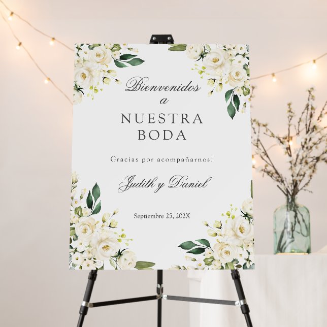 Spanish White Floral Wedding Welcome sign (In Situ (Stand))