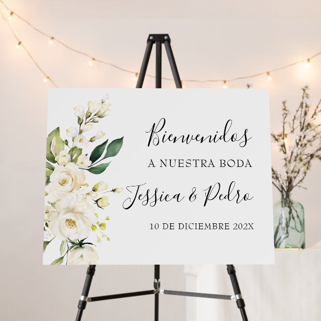 Spanish White floral welcome wedding sign (In Situ (Stand))