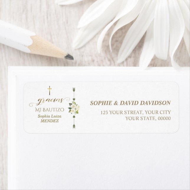 Spanish White Flowers Gracias Calligraphy Bautizo Label (Insitu)