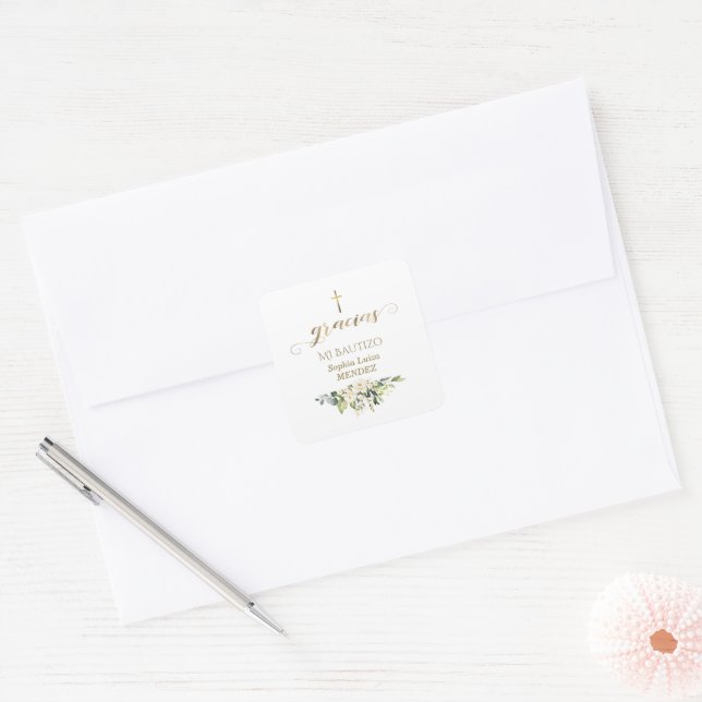 Spanish White Flowers Gracias Calligraphy Bautizo Square Sticker (Envelope)