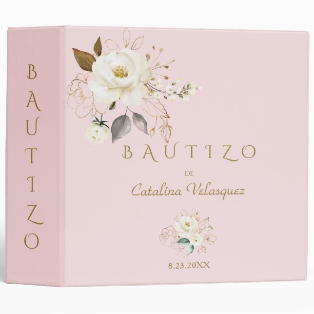 Spanish White Gold Florales Bautizo Photo Album 3 Ring Binder (Front/Spine)