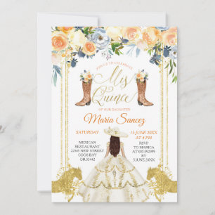 Spanish White Gold Western Boots Quinceañera Invit Invitation